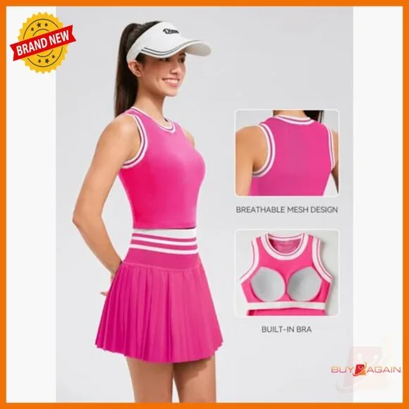 High Waisted Pleated Athletic Skort Set with Built-in Bra and Pockets - Picture 3 of 7